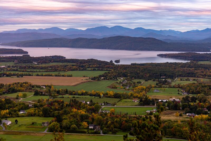 Vermont Champlain Valley view of lake and farm fields